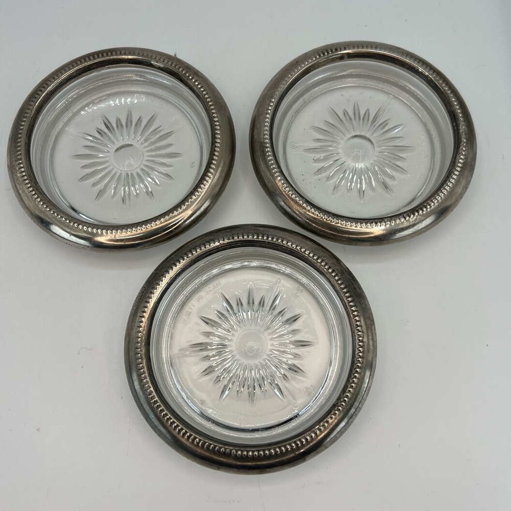 Crystal & Silverplate Coasters Set Of 3 Ashtrays Trinket Dish Made In Italy